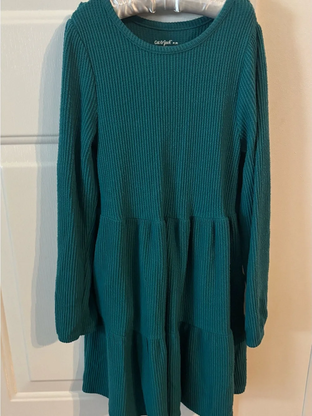 Worn Once Cat & Jack Teal Ribbed Tiered Dress Long Sleeve, with Pockets Size M